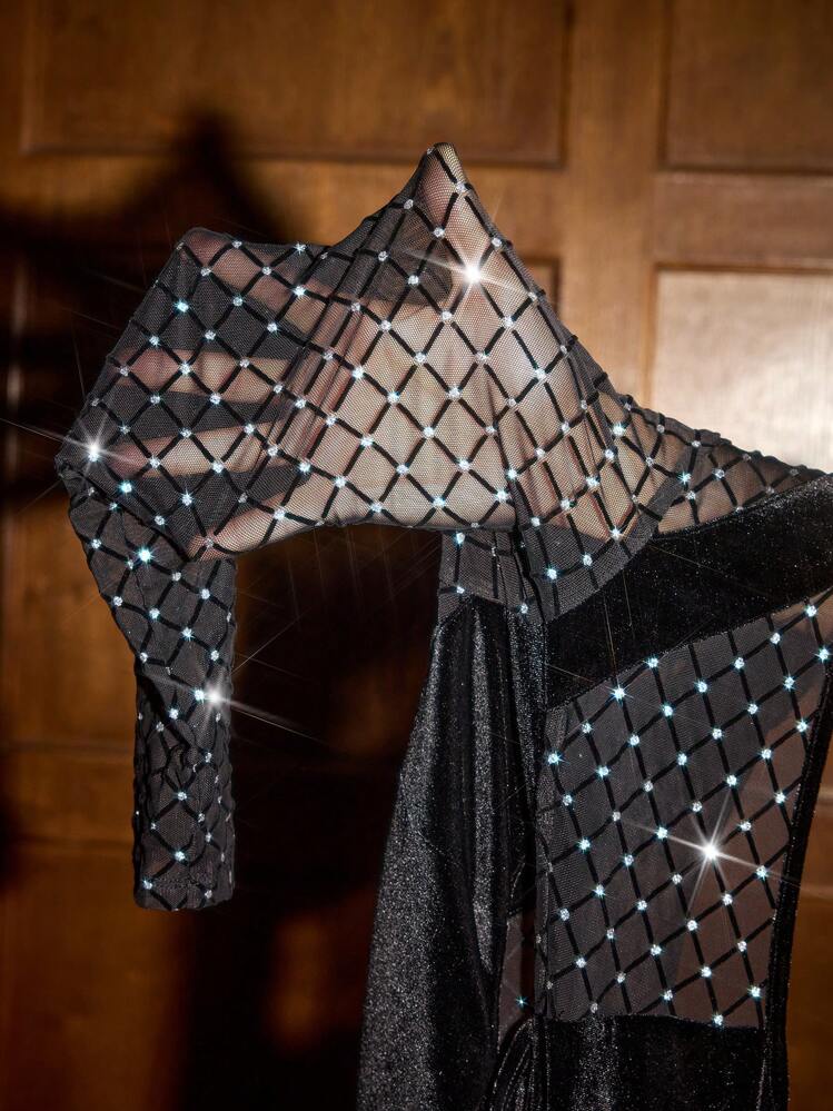 ISELACOS Mono negro de diseñador con malla transparente, terciopelo con recorte y strass, para fiestas, vacaciones y festivales - Negro - Ver 7