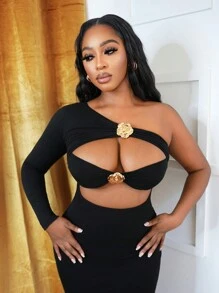 BamGleam Vestido maxi ajustado para mujer con hombro asimétrico, abertura, decoración floral 3D y plisado sexy