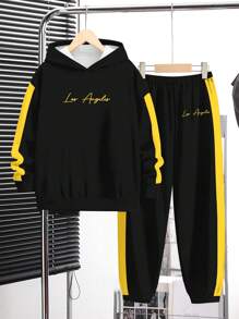 SHEIN 2pcs Set: Los Angeles, Kung Fu Yellow, Tween Boy Casual Simple Letter Graphic Hoodie & Long Sleeve Pullover Sweatshirt, Suitable For Autumn/Winter