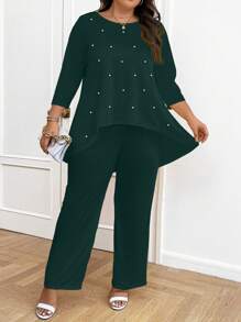 SHEIN LUNE 2 chiếc/bộ cỡ lớn màu trơn cổ tròn ngọc trai trang trí áo cánh cao thấp và quần thường ngày - Màu xanh lá cây đậm - Xem 4