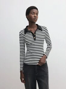 BizChic Striped Long Sleeve T-Shirt, Casual Fashion Commuter Tops, Elegant Thanksgiving & Christmas Clothing For Women - Black and White - View 6