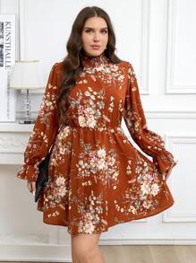 SHEIN Clasi Plus Size Elegant Floral Print Cinched Waist Dress, Autumn - Rust Brown - View 5