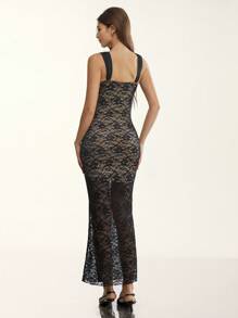 Glamine Glamour Damen elegantes figurbetontes Spitzen-Kontrast Schlitz-Trägerkleid