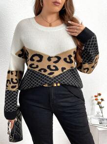 SHEIN LUNE Plus Size Women Casual Leopard & Plaid Patchwork Loose Fit Round Neck Dolman Sweater, Suitable For Autumn/Winter Knit Pullover Fall - Multicolor - View 3