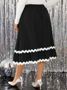 SHEIN LUNE Plus Size Women Colorblock Wavy Ribbon Decor Christmas/Halloween Party A-Line Midi Skirt - Black - View 2