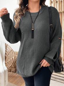 Calvaya Plus Size Solid Color Crew Neck Casual Pullover Long Sleeve Sweater, For Winter Knit Pullover Fall Outfit - Dark Grey - View 3