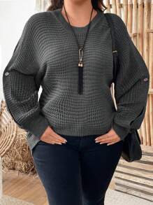 Calvaya Plus Size Solid Color Crew Neck Casual Pullover Long Sleeve Sweater, For Winter Knit Pullover Fall Outfit - Dark Grey - View 4