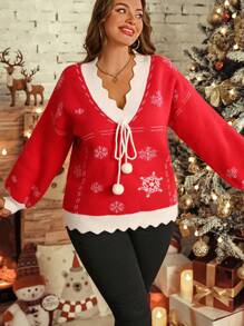 SHEIN LUNE Plus Size Women's Christmas V-Neck Drop Shoulder Snowflake Pattern Long Sleeve Loose Sweater, Autumn/Winter