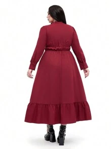 Whyspr 大码女式朋克哥特式拼布荷叶边长袖中长连衣裙 - 酒紅色 - 查看 2