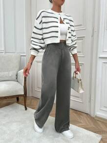 RueChic Women Stripe Patten Front Button Cardigan & Sweater Pants Set - Dark Grey - View 6