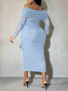 SHEIN SXY Đầm bodycon xếp ly dài tay trễ vai thanh lịch cho nữ cỡ lớn - Màu xanh nhạt - Xem 2