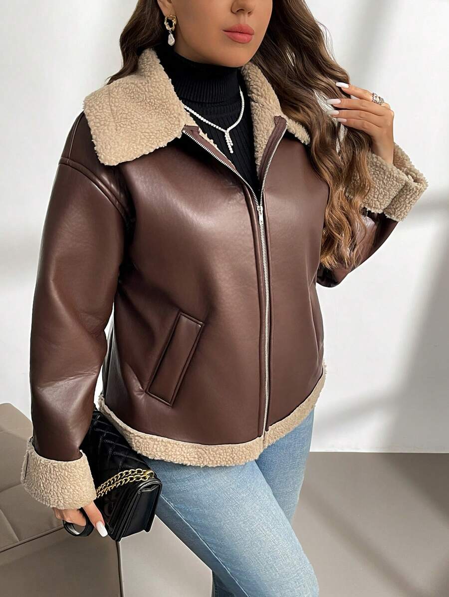 SHEIN Privé 大码女式秋冬舒适百搭复古 Y2K 户外保暖防风 PU 皮革拼接仿羊毛长袖夹克 - 杏色 - 查看 1