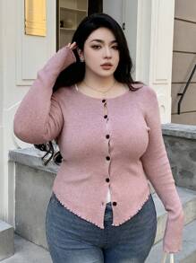 Dazy Plus Plus Size Solid Color Round Neck Asymmetrical Hem Fitted Flared Sleeve Cardigan,Fall Clothes