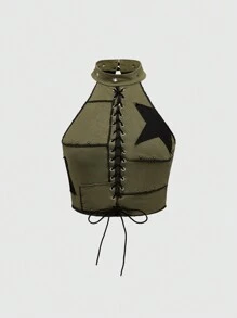 ROMWE Grunge Punk Distressed Washed 5-Pointed Star Patch Rivet Asymmetrical Women Lace-Up Halter Tank Top Nightclub Rave Army Green Summer Grunge - Army Green - View 1