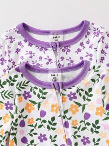 2 Stücke Baby Mädchen Blumen Langarm Jumpsuit Pyjama Set, Eng anliegend