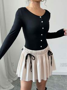 Chiquease Đầm nữ tay dài cổ tròn cài nút phía trước có viền bất đối xứng, thiết kế buộc eo - màu đen - Xem 6