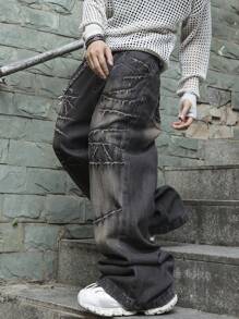 Manfinity Roghcode Quần Jeans Ống Rộng Dáng Rộng Phong Cách Đường Phố Thời Trang Cho Nam, Không Có Dây Xích, Quần Jeans Cargo Màu Xám Đậm, Dài Trơn, Rộng Rãi, Dành Cho Chồng, Quà Tặng Bạn Trai - Xám - Xem 5