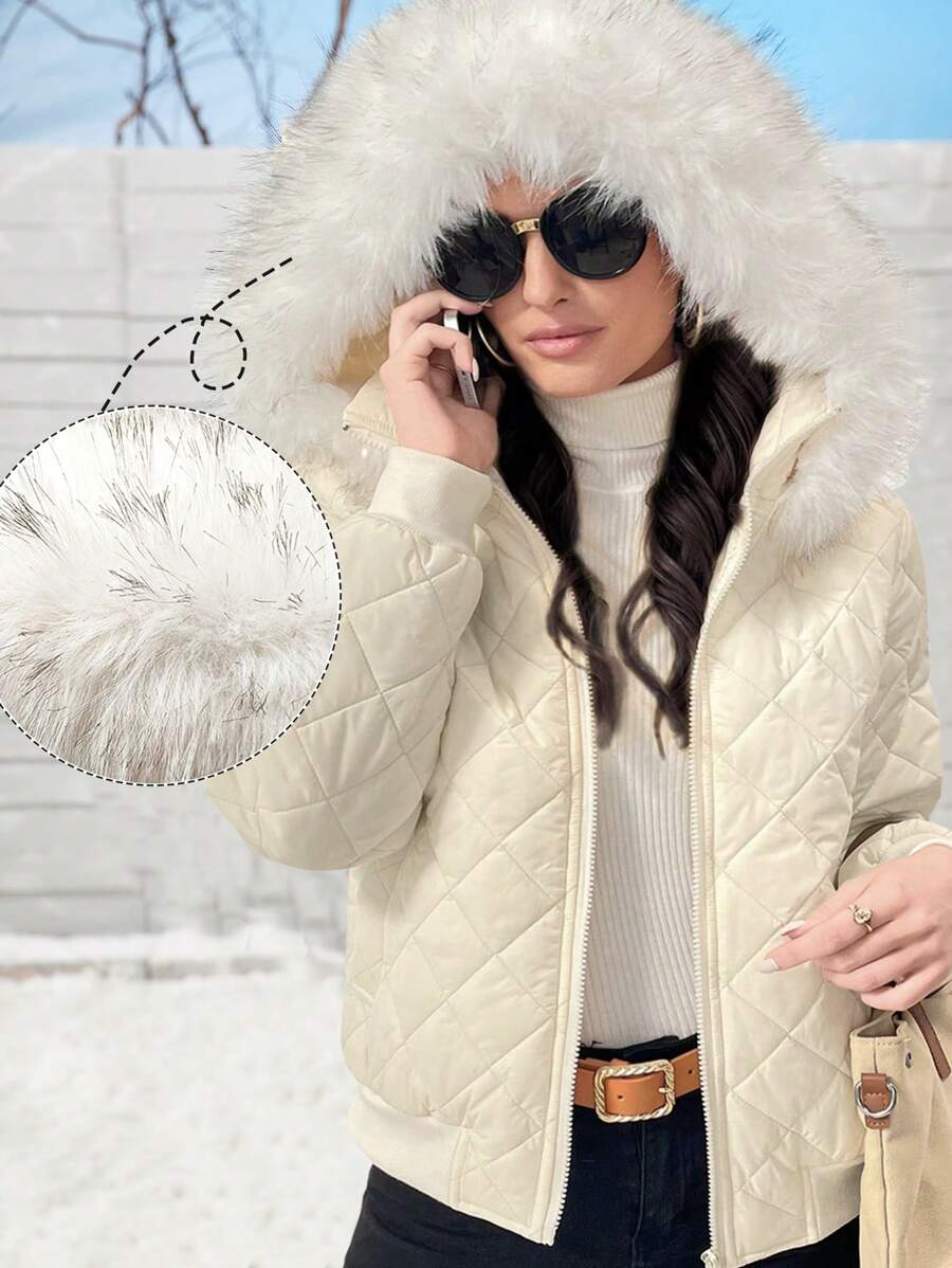 SHEIN LUNE 1 件女式休闲毛绒装饰连帽加厚棉服外套，宽松版型，冬季服装保暖 - 杏色 - 查看 1