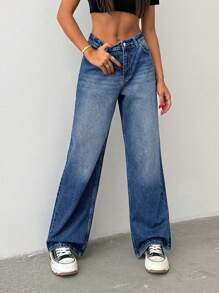 Cottnline 100% Cotton WOMEN WIDE LEG BELTED MID WAIST JEANS - Medium Wash - View 3