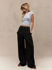 MISSGUIDED Ultra Comfortable Wide Leg Drawstring Sweatpants Lounge Pants Athletic Casual Wear Fall Winter Sports Workout Gym Pants Athleisure Yoga Bottoms - Black - View 5