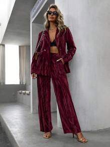 Ciel Poise 优雅女士天鹅绒褶皱金属纽扣西装套装，魅力十足的高端节日派对服装 - 紅色 - 查看 5