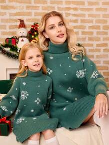 SHEIN 绿色长袖高领少女雪花提花针织毛衣裙，妈妈和我配套服装（2 件单独出售），圣诞节 - 綠色 - 查看 4