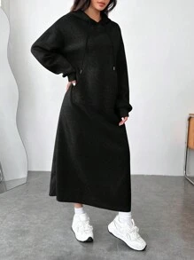 SHEIN EZwear 女士长袖抽绳休闲黑色针织连帽卫衣连衣裙连帽连衣裙女装长袖超大连衣裙Momo连衣裙女秋冬装 - 黑色 - 查看 4