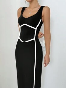Calvaya V-Neck Fitted Color Block Geometric Split Dress With Open Back, Elegant & Casual