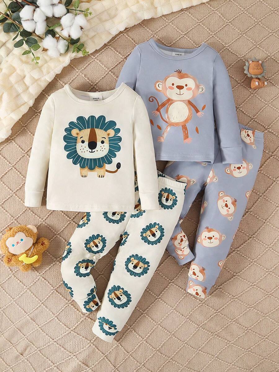 2件套男婴贴身狮子猴子图案长袖睡衣裤家居服套装 - 彩色 - 查看 1