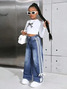 SHEIN Tween Girls Y2K 时尚侧条纹蝴蝶结宽松休闲斜口袋牛仔裤