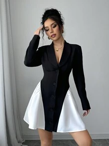 Elenzga Women's Black & White Color Block Ruffle Hem Dress Fall Cloth For Women - Black and White - View 6