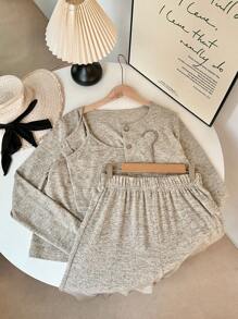 Franclia 3pcs/Set Women Casual Everyday Matching Camisole, Long Sleeve Cardigan And Elastic Waist Straight Pants Knitted Suit, Beige, Autumn/Winter Fall Cloth For Women - Apricot - View 5