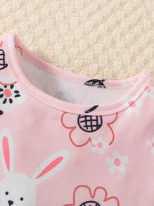3 Stücke Mädchen Set mit Langarm-Oberteil mit Hase- und Blumenprint und Leggings, enge Passform, lässig und modisch