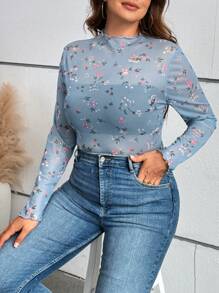 SHEIN VCAY 大码黑色花朵长袖打底衫 - 霧霾藍 - 查看 4