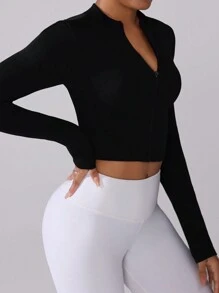 SHEIN Sports 正面全拉链纯色长袖休闲运动夹克，无缝设计 - 黑色 - 查看 4