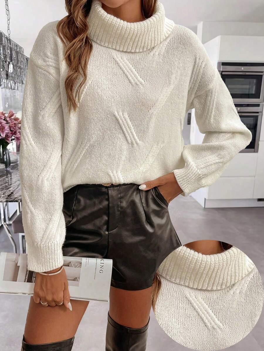 Chiquease Áo len cổ lọ dệt kim gân rộng rãi cỡ lớn cho mùa thu đông, màu trắng - trắng - Xem 1