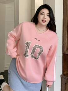 Dazy Plus Women's Autumn Raglan Sleeve V-Neck Leopard Print Number Patchwork Loose Sweatshirt Cheetah Print,Fall Women Clothes - Pink - View 5