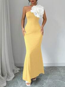 Elenzga Vestido sin mangas de unicolor con cuello asimétrico y flor decorativa, vestido elegante de verano para mujeres