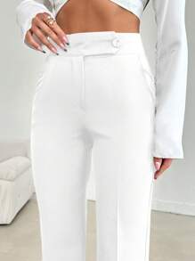 EURMUSE Women Plain Button Front Minimalist Long Pants, Casual Daily Wear - White - View 3