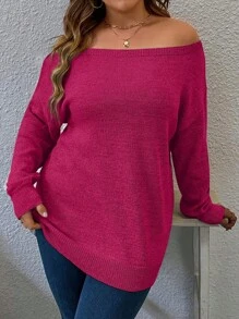 Calvaya Plus Size Women Casual Solid Color Off Shoulder Loose Sweater Knit Pullover Fall Winter - Hot Pink - View 6