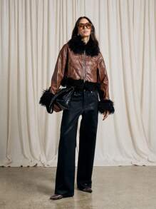 AiiRZ Designer Luxury Faux Fur Trim Zip Up Motorcycle Style Winter Holiday Fashion Statement Short Jacket With Black Shaggy Teddy Collar Cuffs Hem - Multicolor - View 3