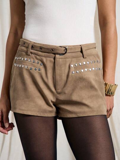 AiiRZ Western Faux Suede Studded Trim Hot Pants