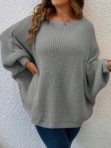 SHEIN LUNE Áo len nữ cỡ lớn dáng rộng, tay cánh dơi, màu trơn, thích hợp mặc mùa thu/đông. - Xám - Xem 1