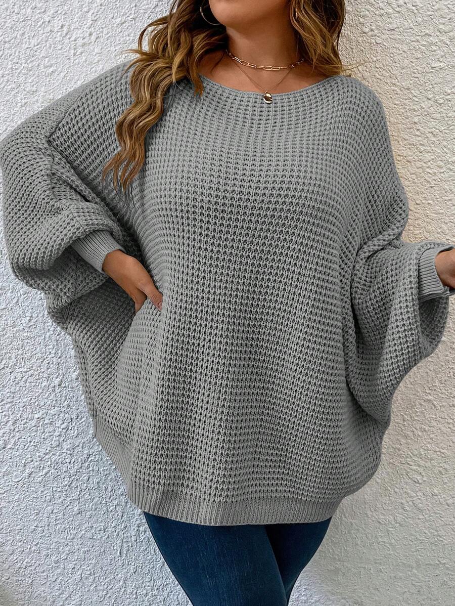 SHEIN LUNE Áo len nữ cỡ lớn dáng rộng, tay cánh dơi, màu trơn, thích hợp mặc mùa thu/đông. - Xám - Xem 1