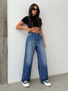 Cottnline 100% Cotton WOMEN WIDE LEG BELTED MID WAIST JEANS - Medium Wash - View 4