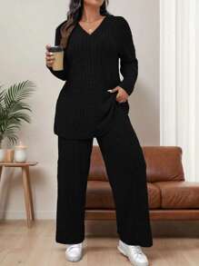 SHEIN LUNE 2pcs/Set Plus Size Women Solid Color Ribbed V-Neck T-Shirt & Wide Leg Pants Set, Casual Spring/Autumn - Black - View 1