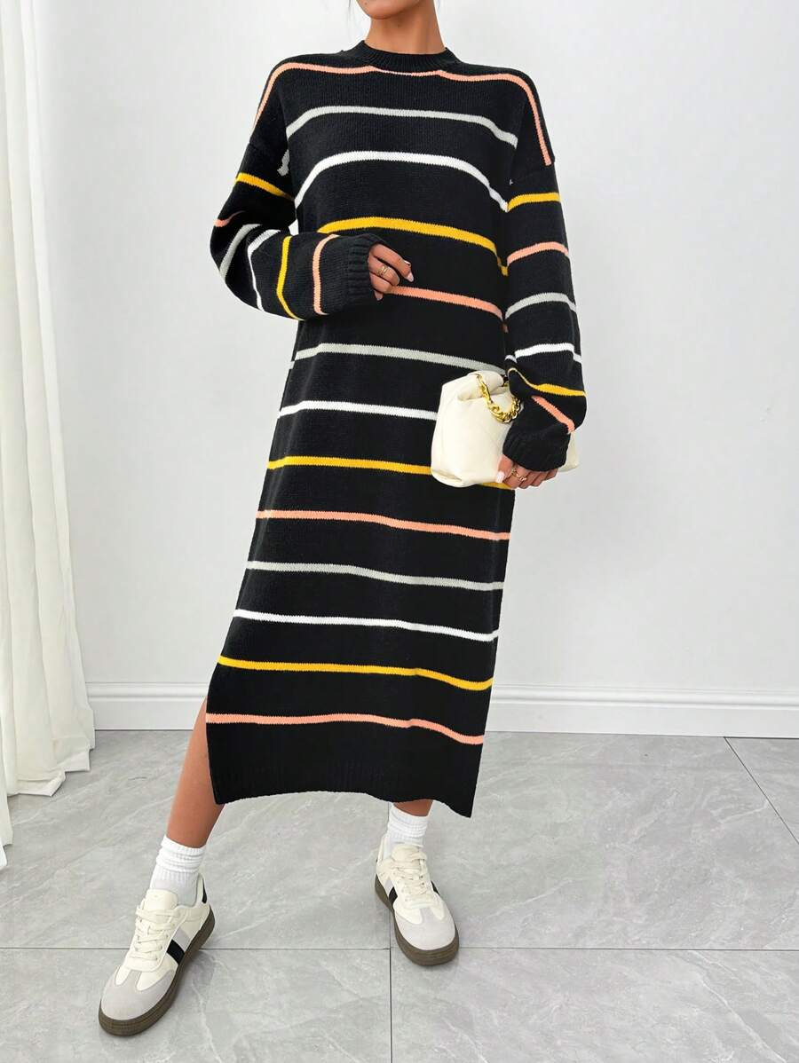 SHEIN LUNE Women Casual Striped Pattern Dropped Shoulder Loose Split Hem Sweater Dress - Multicolor - View 1