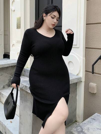 Dazy Plus Plus Size V-Neck Solid Color Fitted Mid-Length Split Hem Sweater Dress,Fall Clothes