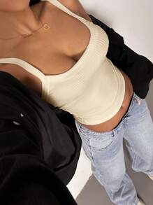 SHEIN SXY 女士纯色细肩带简约背心休闲日常穿着 - 米色 - 查看 1