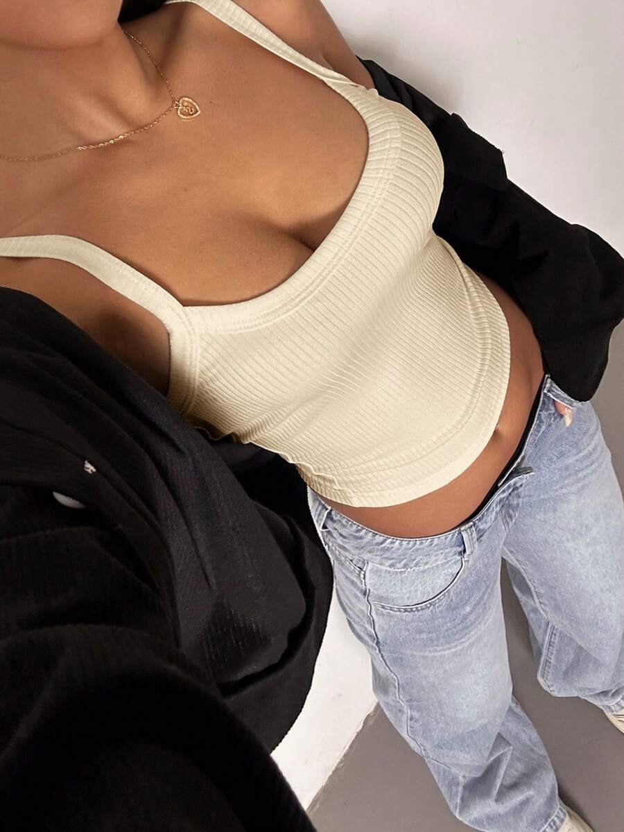 SHEIN SXY 女士纯色细肩带简约背心休闲日常穿着 - 米色 - 查看 1